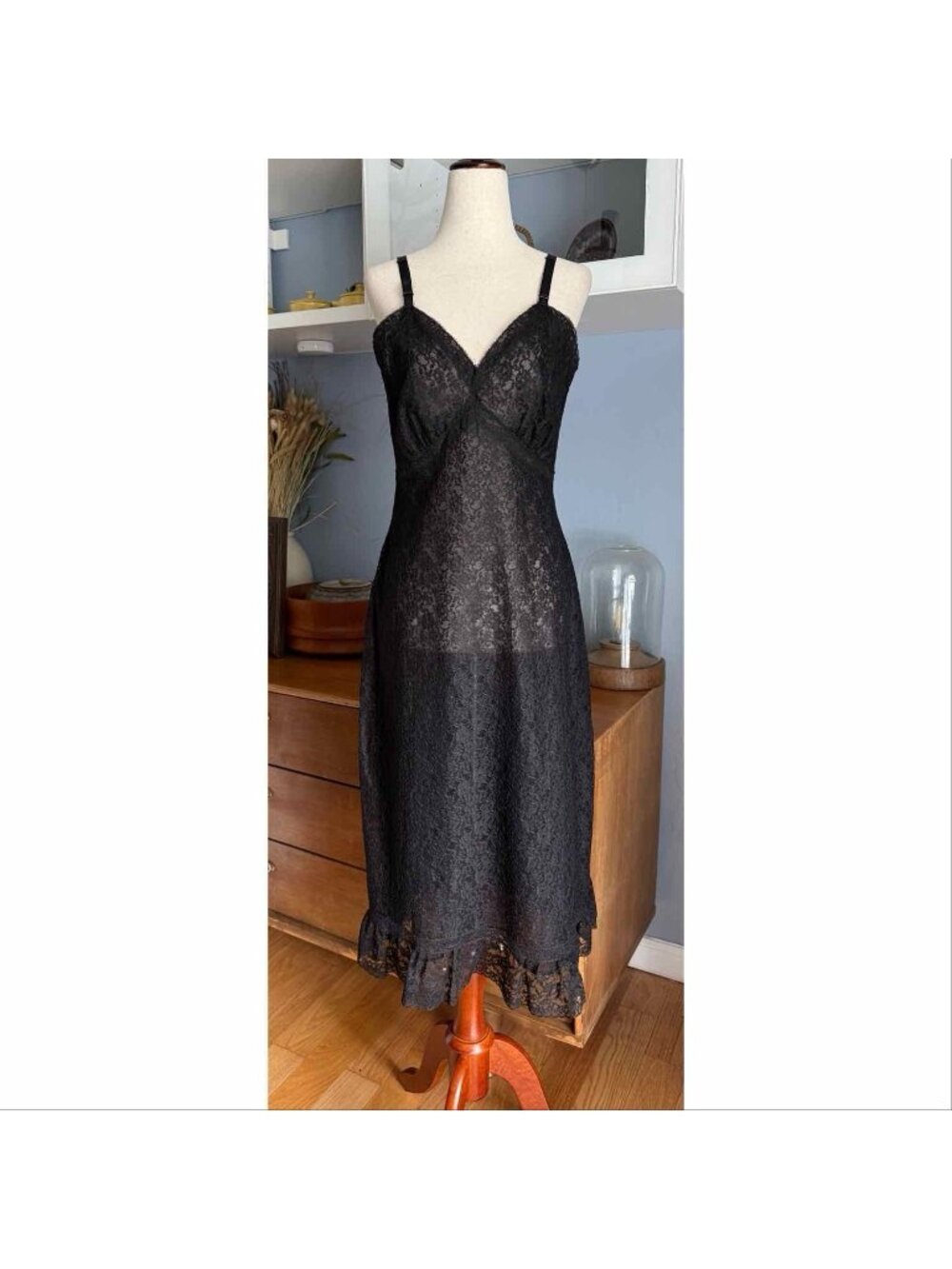Vtg 60’s Shadowline Black Lace Slip Midi Dress Nightgown Retro Whimsy Goth